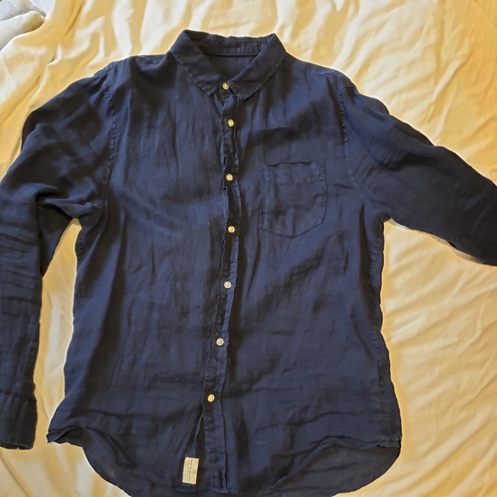 JACHS men's navy linen button down shirt-medium